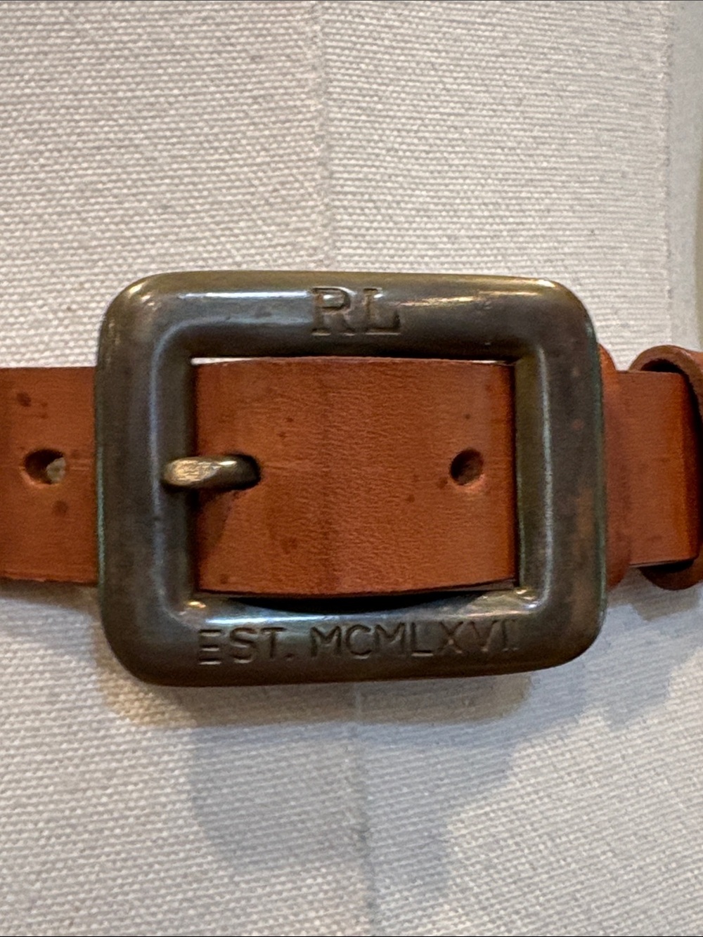 Vintage Ralph Lauren 80s Skinny Leather Belt RL EST MCMLXVII Brass Buckle 26